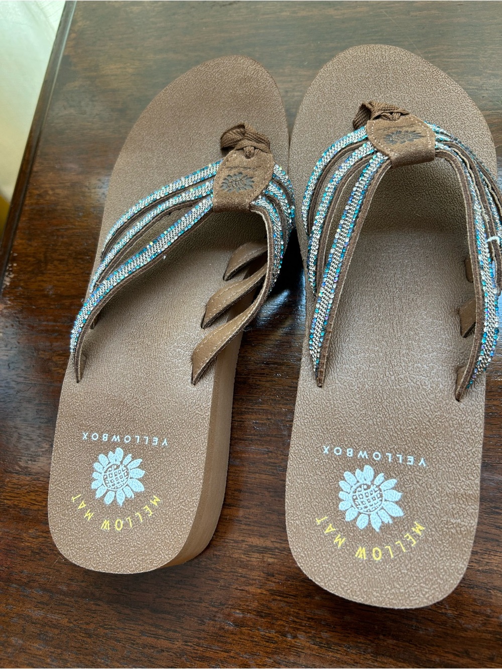 Yellow Box 8 Brown & Teal Beaded Flip Flop Sandals Excellent Used Condition